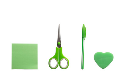 Set of green scissors, sticky note, pen and eraser on white background with space for text