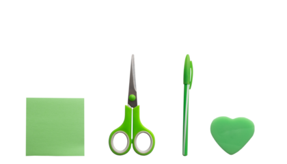 Set of green scissors, sticky note, pen and eraser on white background with space for text