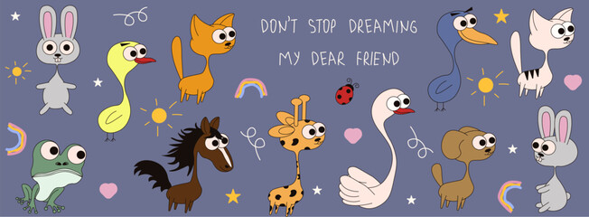 Vector collection of adorable animals. Set of swan, cat, bunny, horse, giraffe, frog, bird, rainbow, ladybug. Ideal for kids prints, nursery art, poster, stickers, card cover print. EPS 10