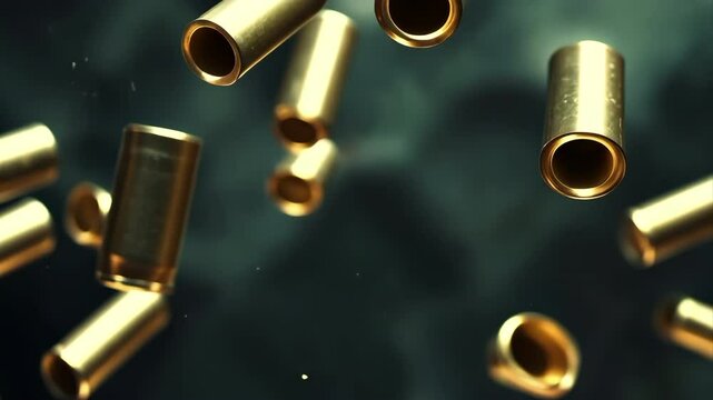 Close-up view of gleaming brass bullet casings floating against a blurred, dark background.