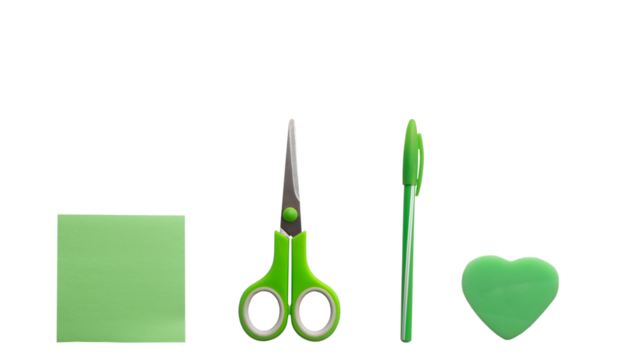 Set of green scissors, sticky note, pen and eraser on white background with space for text