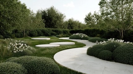 Beautiful garden with a circular pathway in the center. the pathway is made of concrete and is surrounded by neatly trimmed bushes and shrubs on both sides.