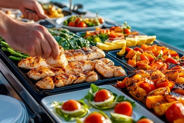 Chef arranging grilled fish and vegetables for delicious buffet on a yacht