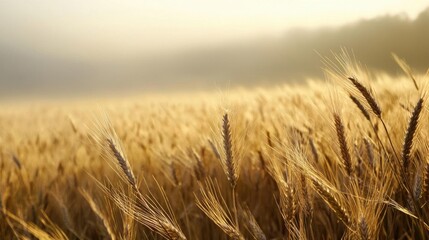 Naklejka premium Close-up of a field of ripe wheat. the wheat is golden brown in color and appears to be ready for harvest. the field is vast and stretches out into the distance, with trees visible in the background.