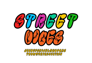 Graffiti long font, comic alphabet in the street art style, funky narrow italic letters and numbers, vector illustration 10EPS