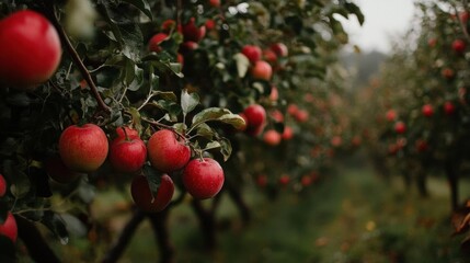 Obraz premium Row of apple trees in an orchard. the trees are laden with red apples, and the apples are hanging from their branches. the sky is overcast and the ground is covered in fallen leaves.