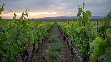 Vineyard at sunset. the sky is a beautiful orange and pink color, with the sun setting in the distance.