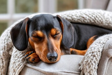 Small dachshund dog sleeping peacefully on armchair covered with blanket