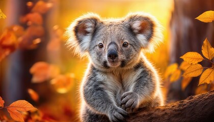 Obraz premium Cute Koala in Autumn Glow A Snuggly Marsupial Amidst Vibrant Fall Foliage, Basking in Warm Sunlight under a Clear Sky