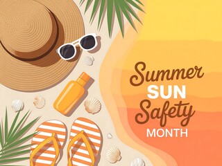 Summer sun safety month with beach hat, sunglasses, sunscreen, and flip flops illustration