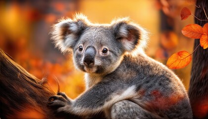 Fototapeta premium Adorable Koala Frolicking amidst Vibrant Fall Foliage, Capturing the Essence of Cozy Autumnal Serenity.