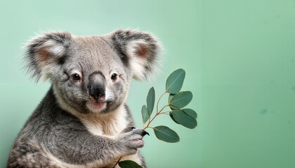 Adorable Koala Embracing Eucalyptus against a Tranquil Light Pastel Green Backdrop A Playful and Peaceful Scene Full of Gentle Warmth and Serenity.
