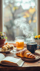 Cozy morning breakfast with croissants and coffee in natural light setting