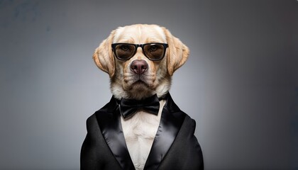 Stylish Labrador in Modern Tuxedo and Sunglasses Against a Grey Background, Radiating Charm and Playfulness on HighResolution Gigapixel Image