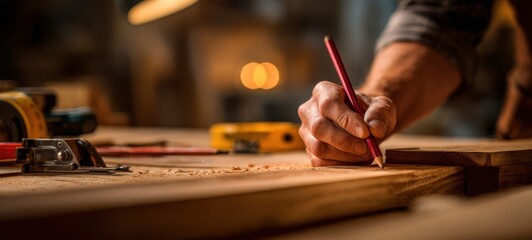 The artisan's hand sketching precise measurements on a wooden project.