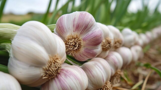 Close-up of a bunch of garlic bulbs in a field. the bulbs are white with pink stripes on the outer edges and a yellow center.