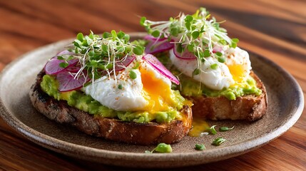Avocado Toast with Poached Eggs, Radish Slices, and Microgreens