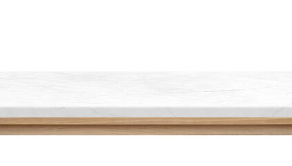 Realistic empty white marble shelf with wooden base on transparent background, perfect for product...