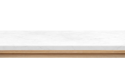 Realistic empty white marble shelf with wooden base on transparent background, perfect for product display mockups or interior design visuals..