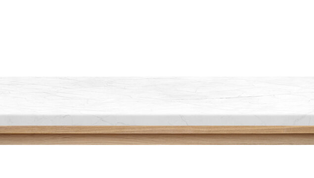 Realistic empty white marble shelf with wooden base on transparent background, perfect for product display mockups or interior design visuals..