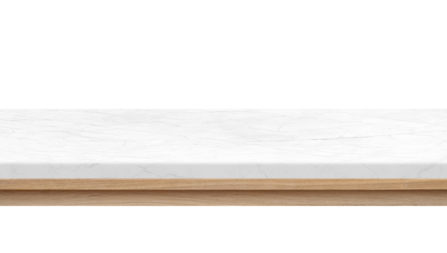 Realistic empty white marble shelf with wooden base on transparent background, perfect for product display mockups or interior design visuals..