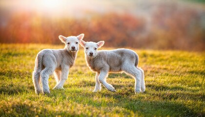 Cute Lambs Frolicking in a Blossoming Spring Field, Adorable baby sheep Playing amidst Vibrant Wildflowers and Warm Sunlight, Capturing Joyful Energy in a Serene Rural Scene.