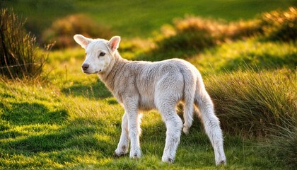 Adorable Lamb Frolicking in a Lush Meadow amidst Welsh or Yorkshire Dales Countryside at Twilight, Capturing Tranquility and Serenity of Rural England.