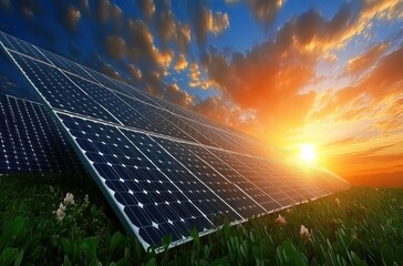 Solar energy in action: sunrise over solar panels in