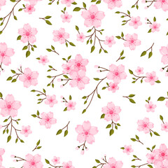 A beautiful seamless pattern of delicate pink cherry blossoms or sakura with graceful brown branches and green leaves. Set against a crisp white background this elegant repeating design evokes spring 