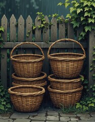 Empty bushel baskets stacked by a rain-soaked wooden fence