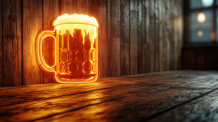 Glowing neon beer mug on a rustic wooden table in a cozy pub.