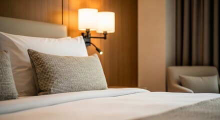 Close-up of a Luxurious Hotel Room Bed with Soft Lighting