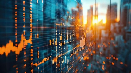 Stunning city skyline at sunset with stock market graph overlay, showcasing financial trends and urban life - Powered by Adobe