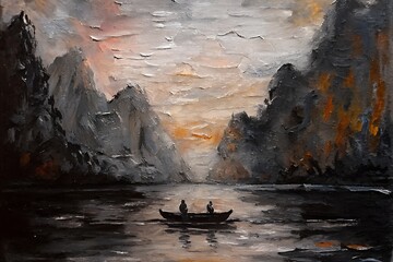 "Sunset Row on a Serene River – Impressionist Landscape Painting"
