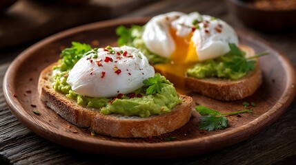 Poached Eggs on Avocado Toast with Fresh Herbs and Red Pepper Flakes