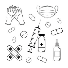 Fototapeta premium Medical Line Icons: Syringe, Pills, Mask, Gloves & First Aid