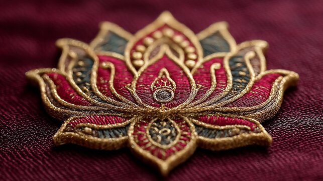 Gold embroidered lotus flower on maroon, yoga meditation art, spiritual symbol