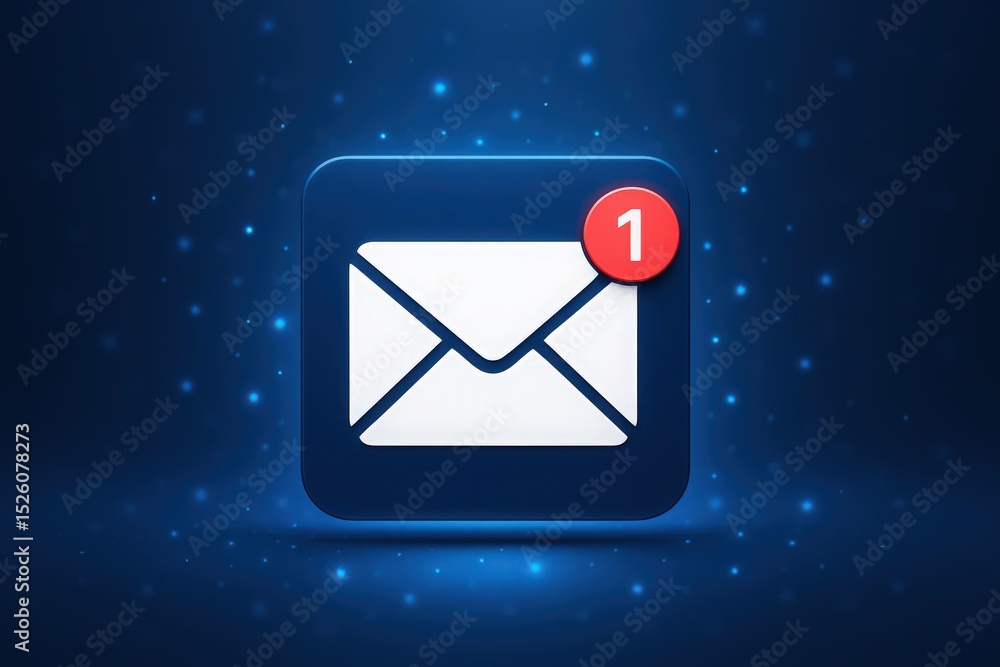 Poster 3d rendered email icon with notification number one on a dark blue background illustrating digital c