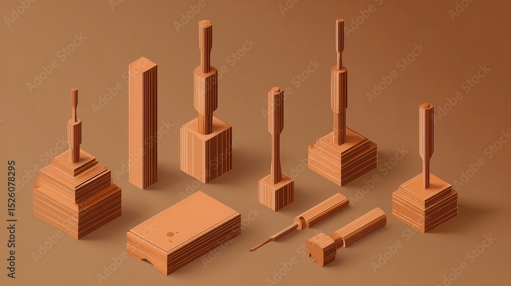 Poster geometric representations of tools in a warm color palette.