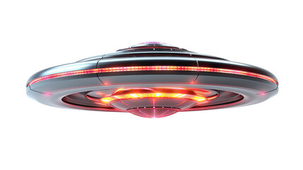 Isolated metallic ufo with red lights on a transparent background
