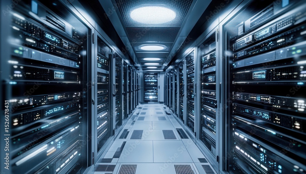 Poster long corridor of modern data servers with multiple racks and blinking lights in a high-tech data cen