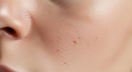 Close-up of human skin texture with moles near the nose, showing pores and natural imperfections.