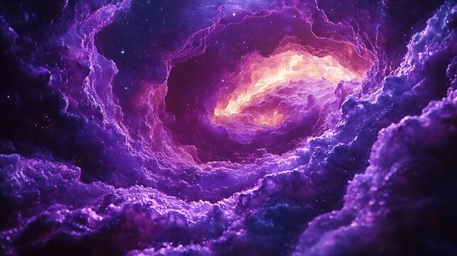 Nebula dreamscape featuring swirling cosmic clouds of purple, violet and golden light