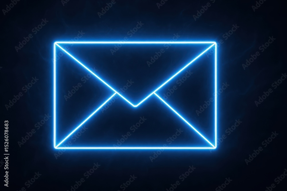 Poster glowing neon light envelope symbol against dark background representing email messaging and communic