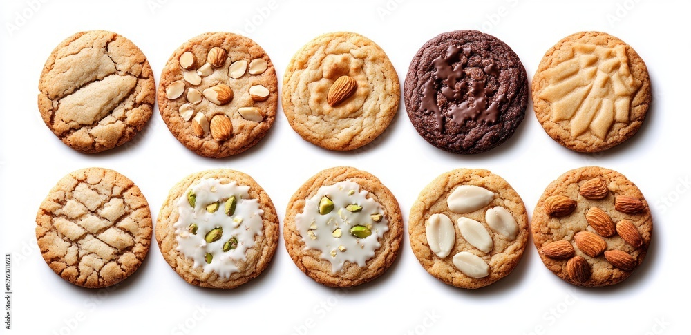 Aufkleber top view of ten assorted round cookies with various nuts and icing arranged in two neat rows on a wh