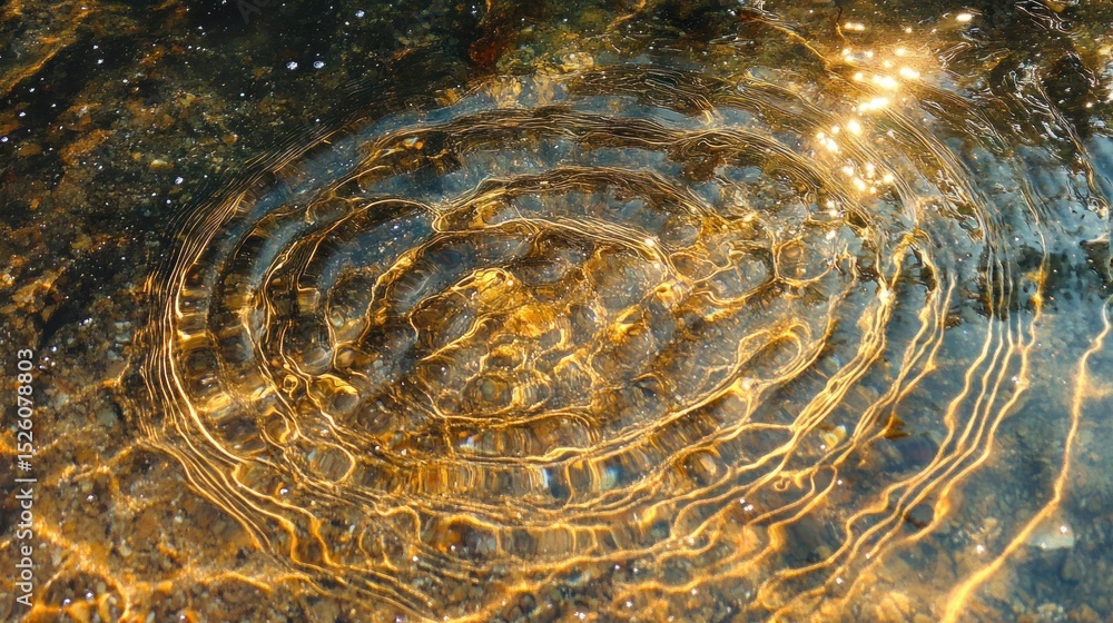 Poster calm water surface with golden sunlight reflecting and creating concentric ripples over a textured r