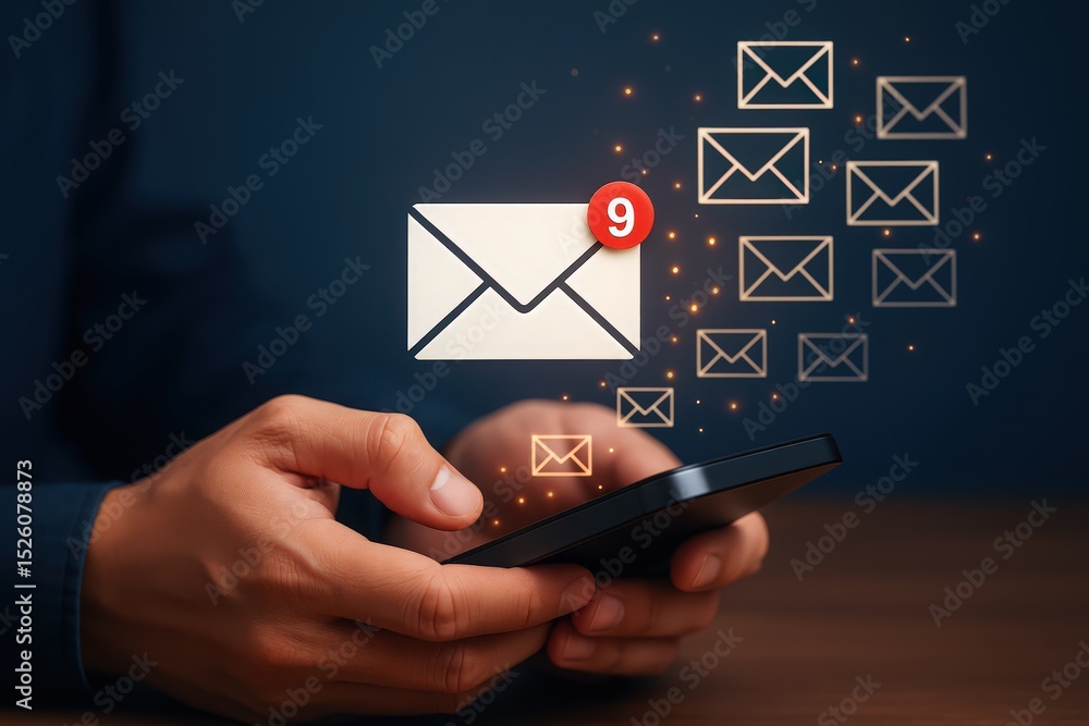 Poster man holding a smartphone checking emails with multiple notifications indicating unread messages in t