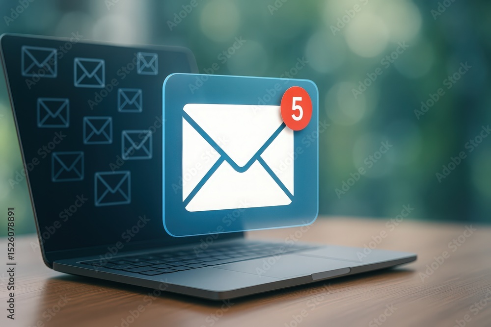 Poster laptop screen displaying numerous digital envelope icons signifying email communication and unread m