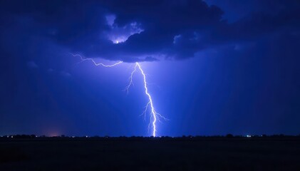 Electric blue lightning strikes across a dark night sky , electric storm, meteorological