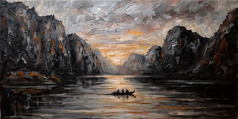 "Sunset Row on a Serene River – Impressionist Landscape Painting"